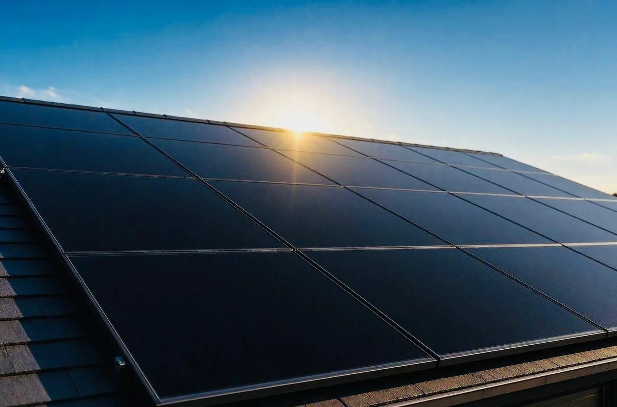 Photovoltaikanlage auf einem Hausdach im Abendlicht